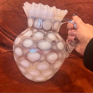 Vintage Fenton Ruffled Edge White Opalescent about 8.5" Tall Pitcher